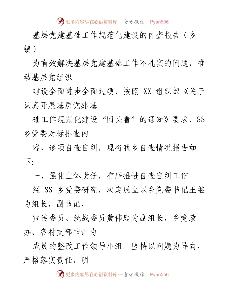 [自查报告] 乡镇党建工作 - 基层党建基础工作规范化建设自查报告.docx_第1页
