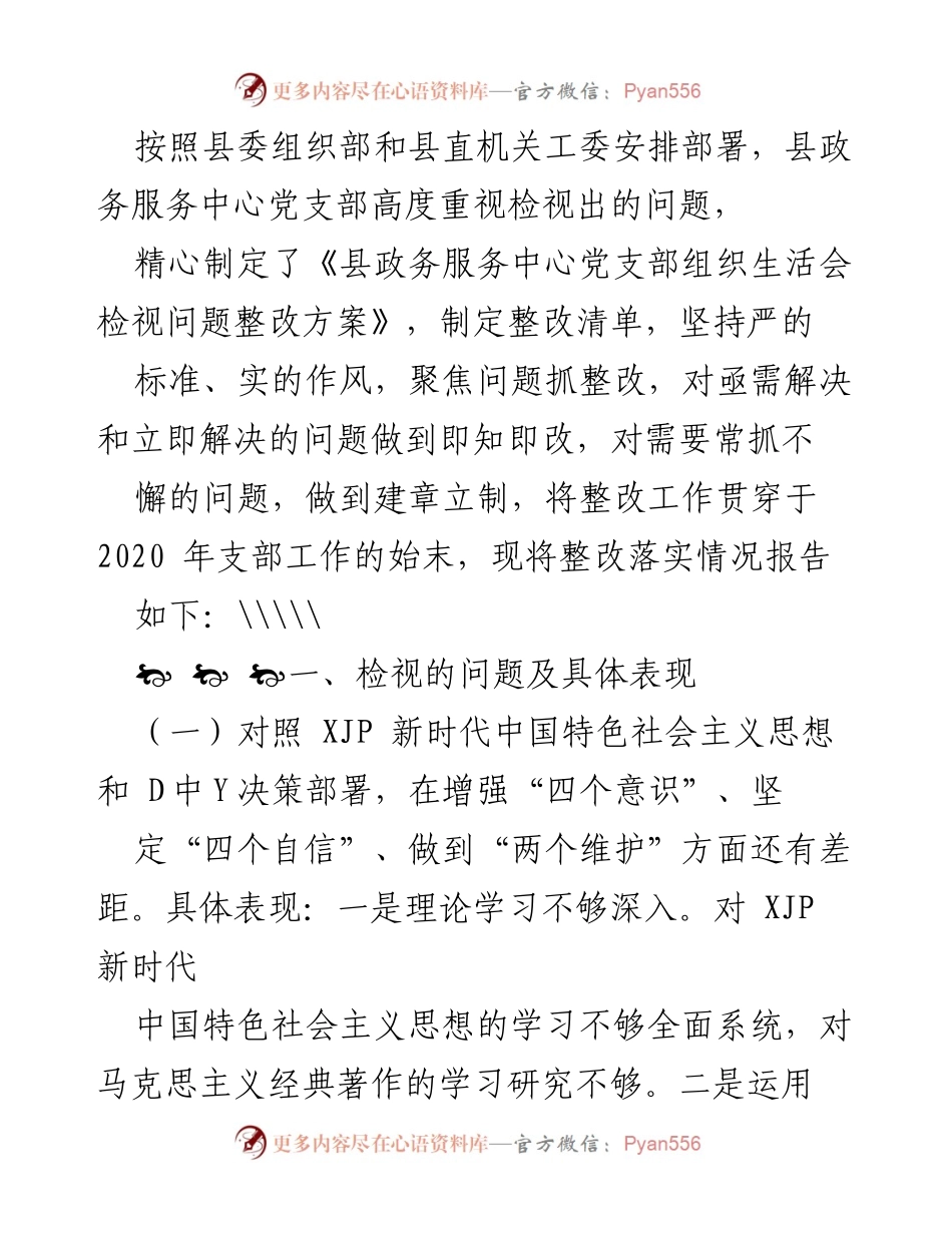 [整改报告] 党支部组织生活会 - 县政务服务中心党支部整改落实情况报告.docx_第1页