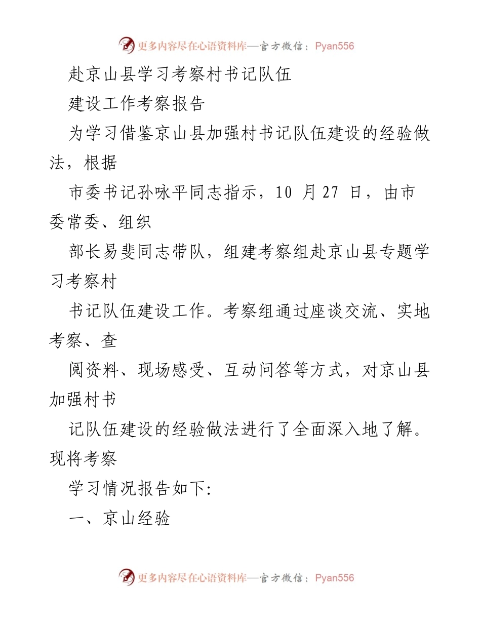 [考察报告] 村书记队伍建设 - 京山县村书记队伍建设经验考察报告.docx_第1页