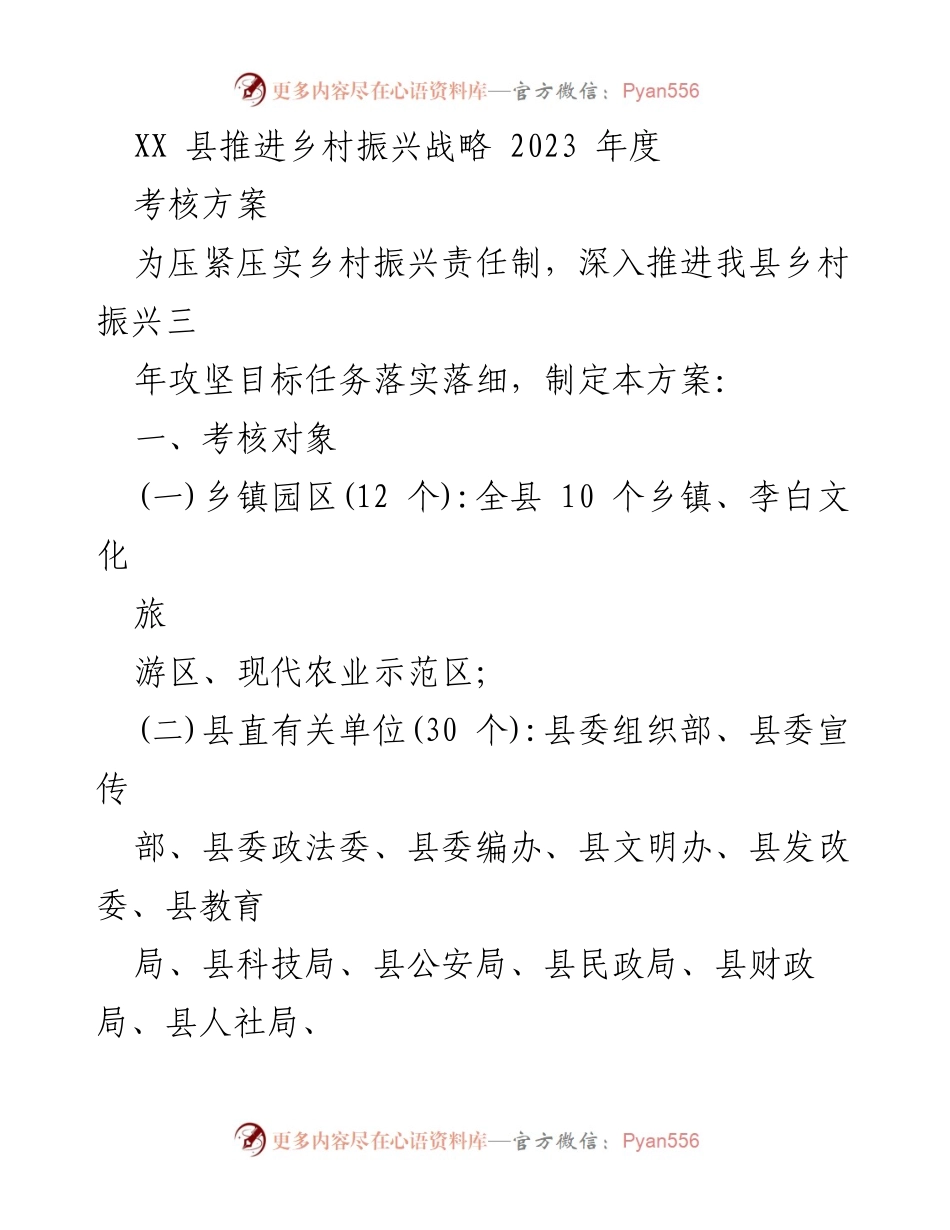 [考核方案] 乡村振兴战略推进 - XX县2023年度乡村振兴考核方案.docx_第1页