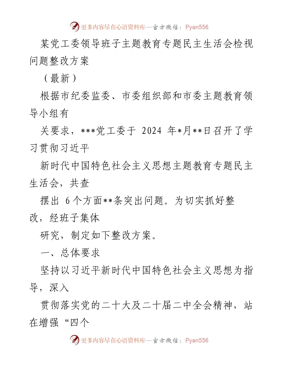 [整改方案] 党工委民主生活会 - 主题教育问题整改方案.docx_第1页