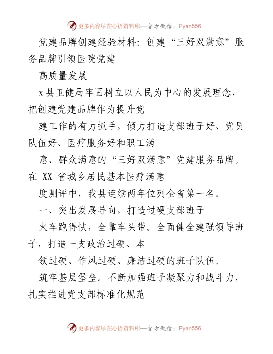 [经验材料] 党建工作 - 打造“三好双满意”服务品牌，提升医院党建质量.docx_第1页