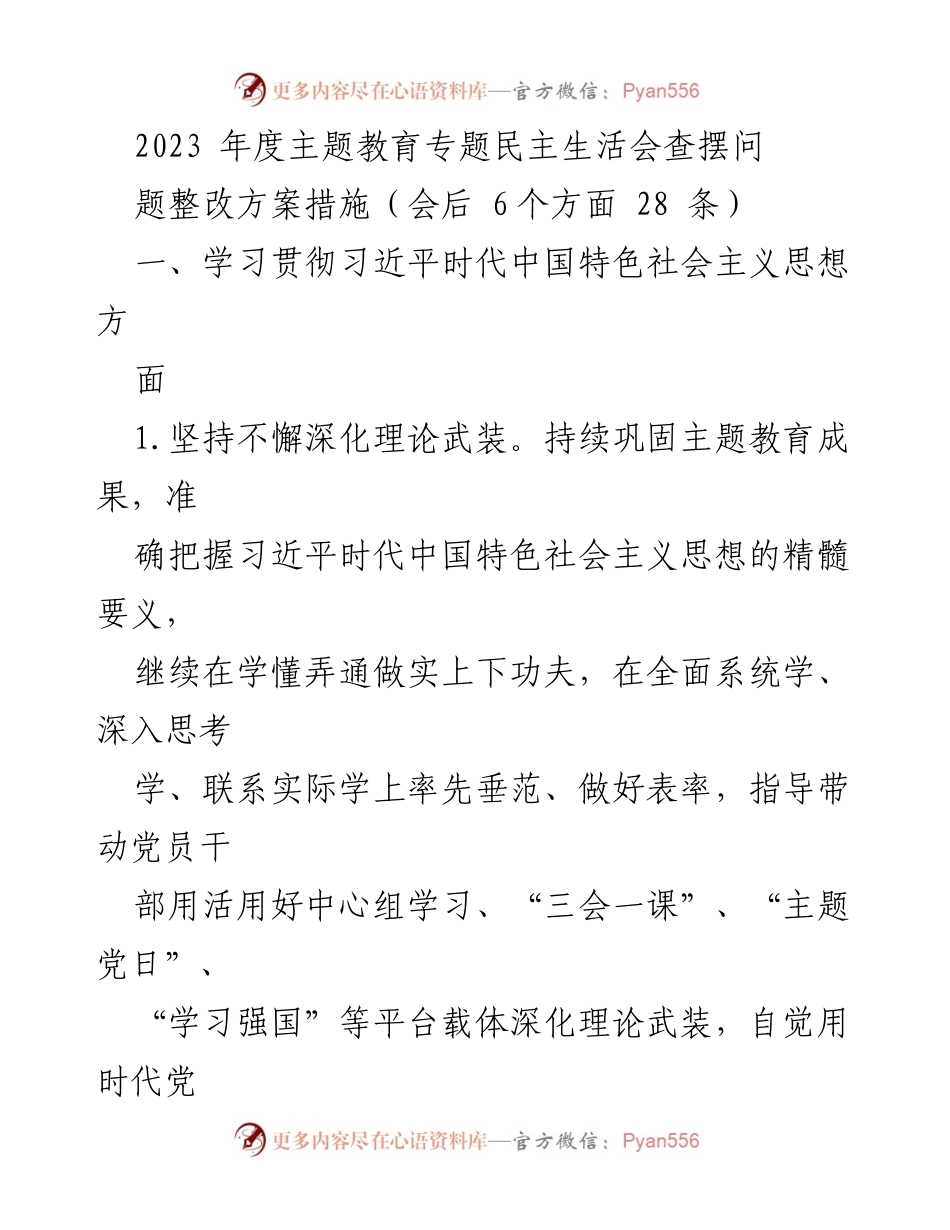 [整改方案] 主题教育专题民主生活会 - 2023年度主题教育查摆问题整改措施总结.docx_第1页