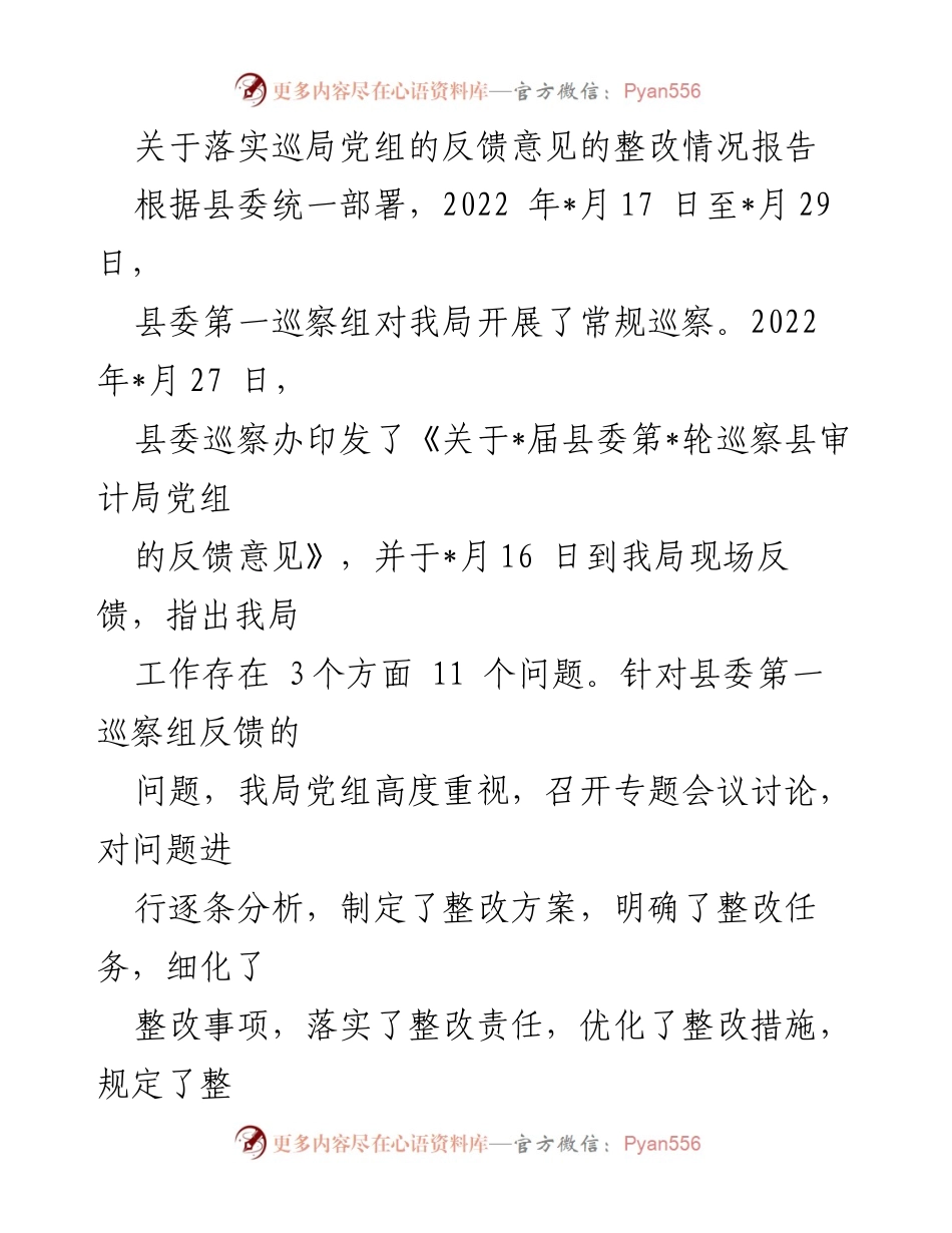[整改报告] 巡察反馈 - 巡察整改落实情况报告_1.docx_第1页