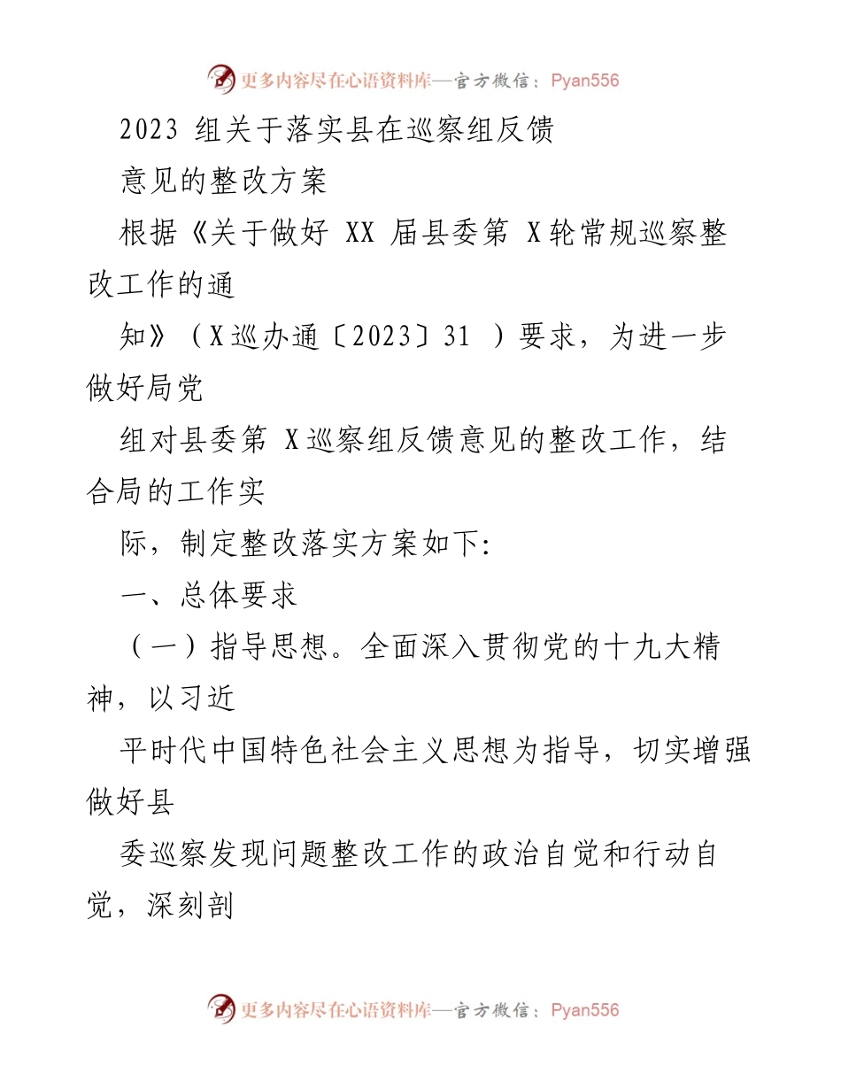 [整改方案] 巡察整改工作 - 2023年巡察反馈意见整改落实方案_2.docx_第1页
