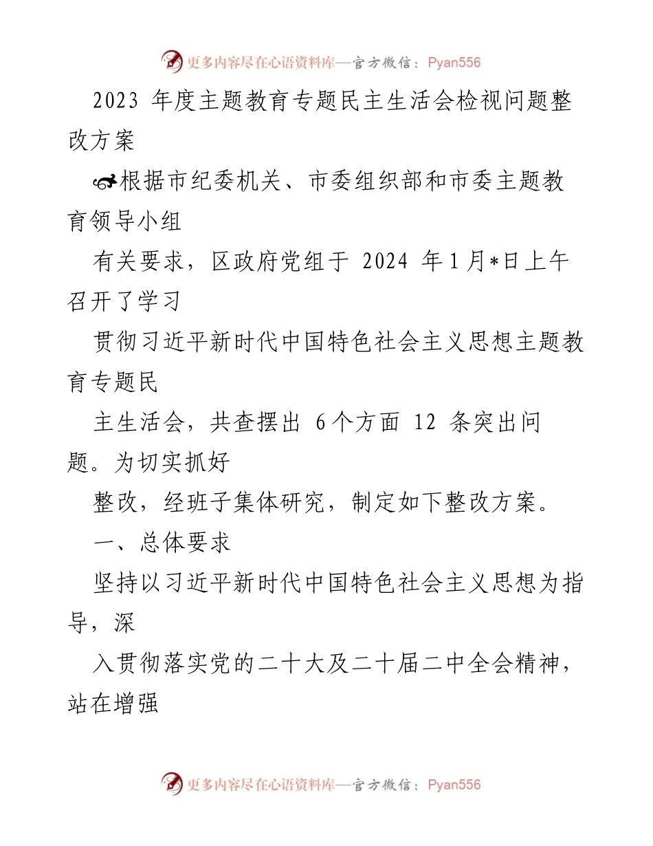 [整改方案] 主题教育民主生活会 - 2023年度主题教育整改方案.docx_第1页