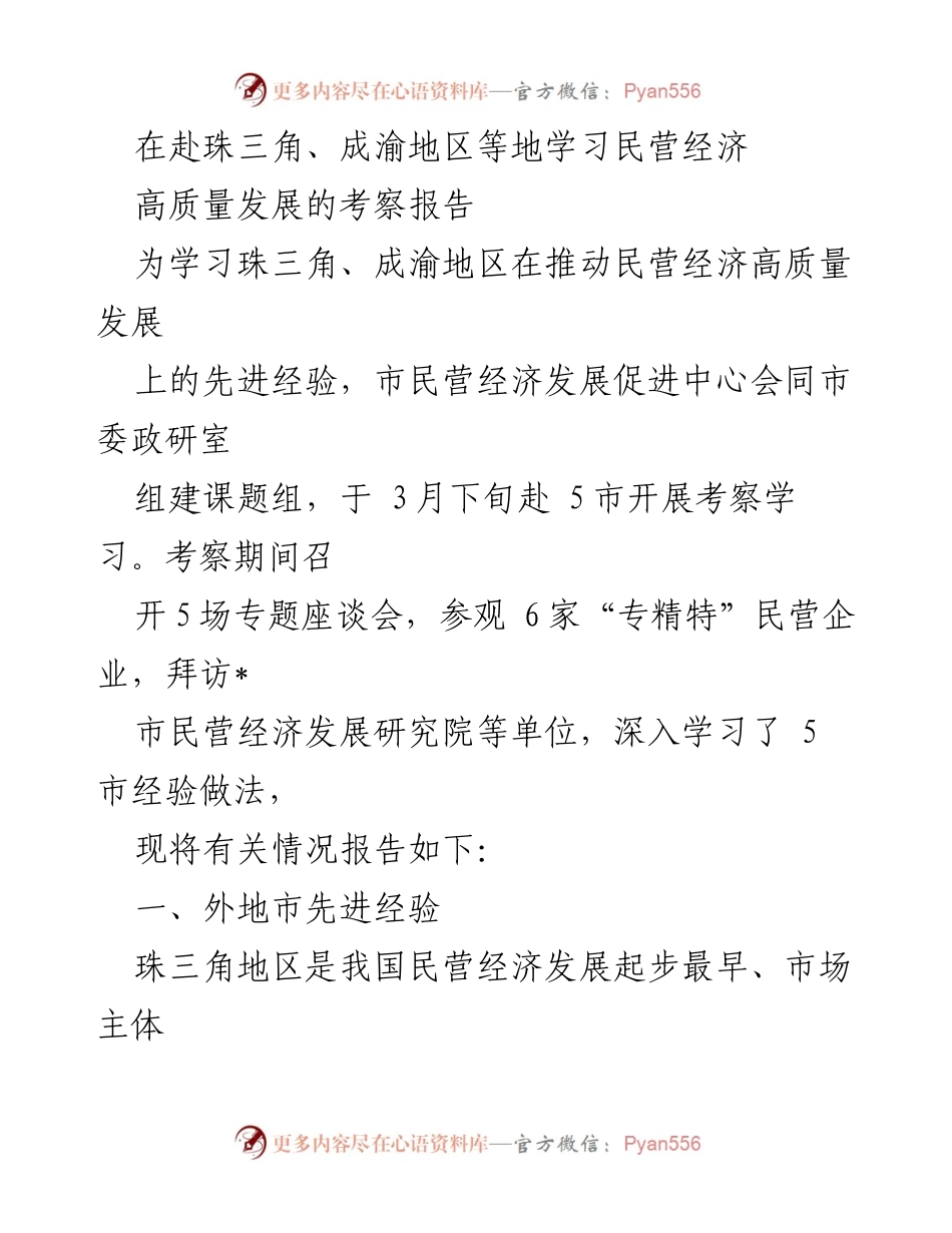[考察报告] 民营经济高质量发展 - 珠三角与成渝地区民营经济发展经验学习考察报告.docx_第1页