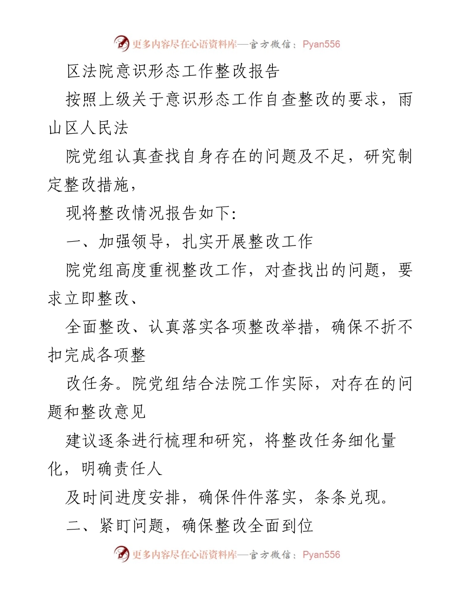 [整改报告] 法院 - 区法院意识形态工作整改措施总结报告.docx_第1页