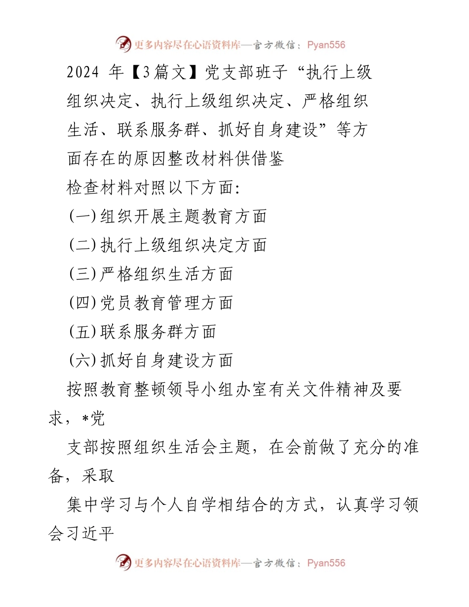 [检查材料] 党支部组织生活会 - 党支部执行上级决定及整改情况报告.docx_第1页