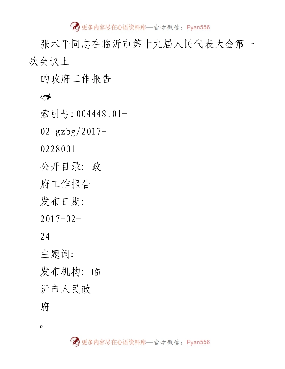 [政府工作报告] 临沂市第十九届人民代表大会第一次会议 - 张术平同志政府工作报告总结与成就回顾.docx_第1页