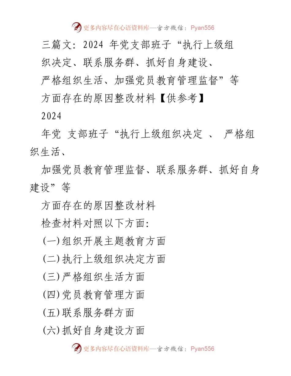 [整改材料] 党支部专题组织生活会 - 2024年党支部班子整改措施与问题分析报告.docx_第1页