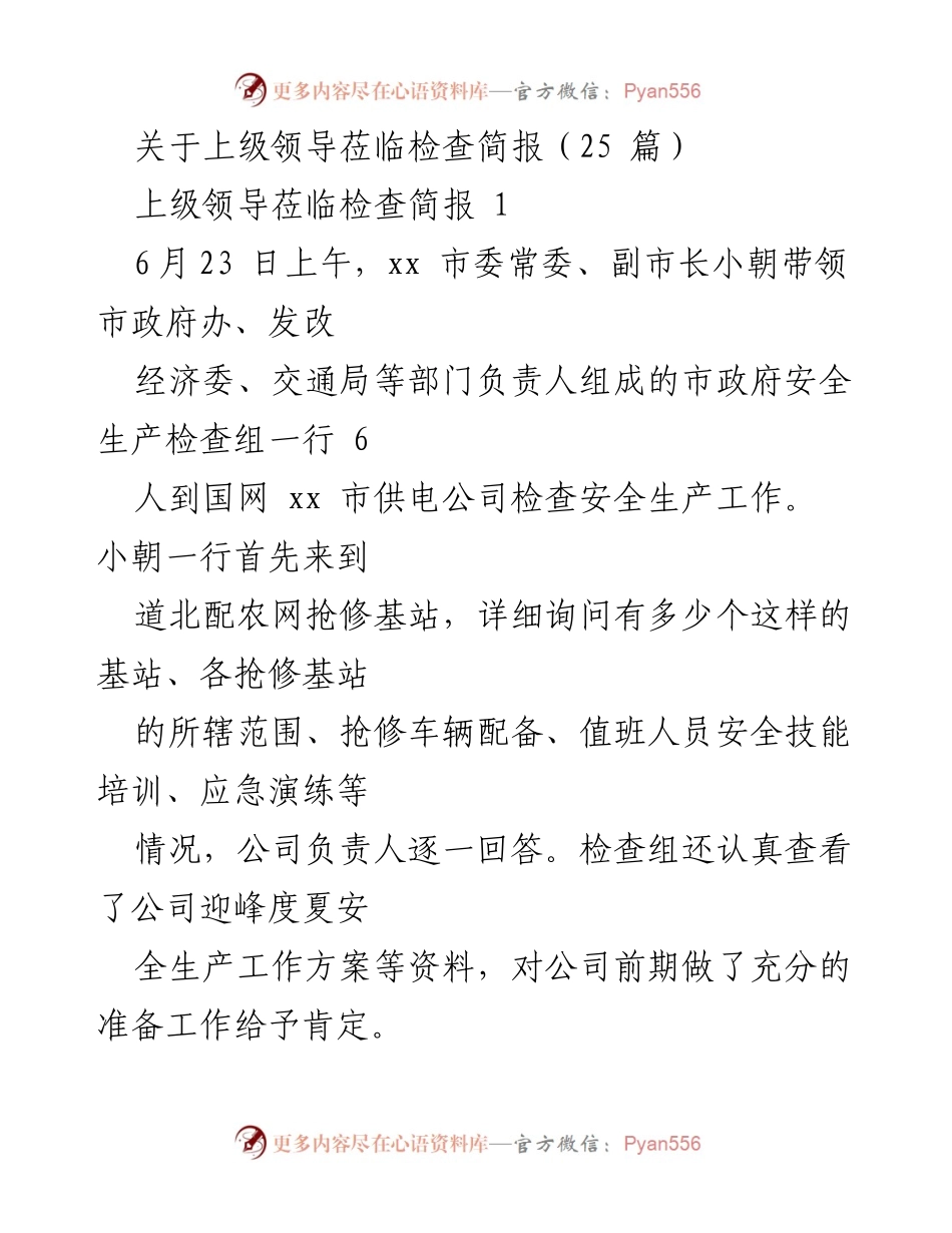 [简报] 检查活动 - 上级领导安全生产检查简报.docx_第1页