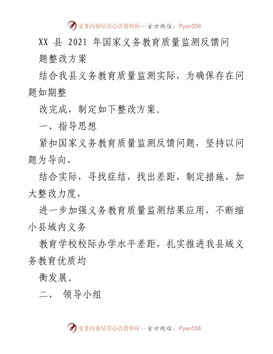 [整改方案] 教育质量监测 - XX县义务教育质量监测问题整改方案.docx_第1页