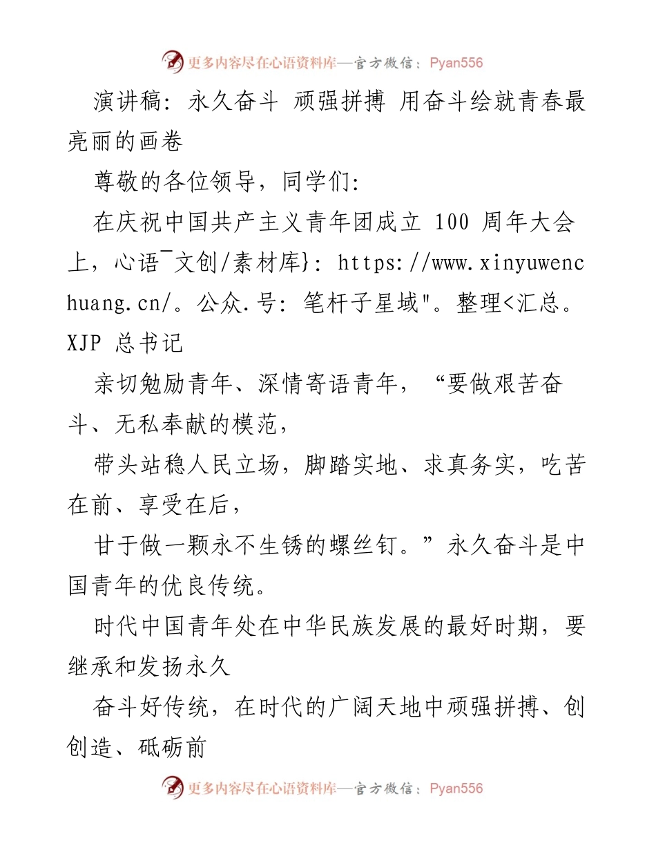 [演讲稿] 庆祝中国共产主义青年团成立 100 周年大会 - 永久奋斗：绘就青春最亮丽的画卷.docx_第1页
