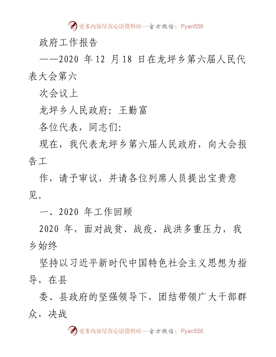 [政府工作报告] 龙坪乡第六届人民代表大会 - 2020年龙坪乡政府工作总结与展望.docx_第1页