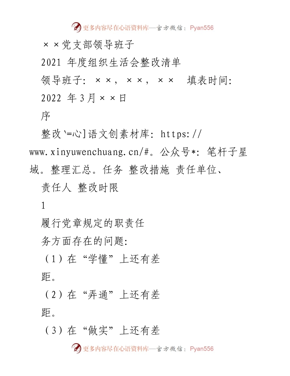 [整改清单] 党支部组织生活会 - 2021年度组织生活会整改清单.docx_第1页