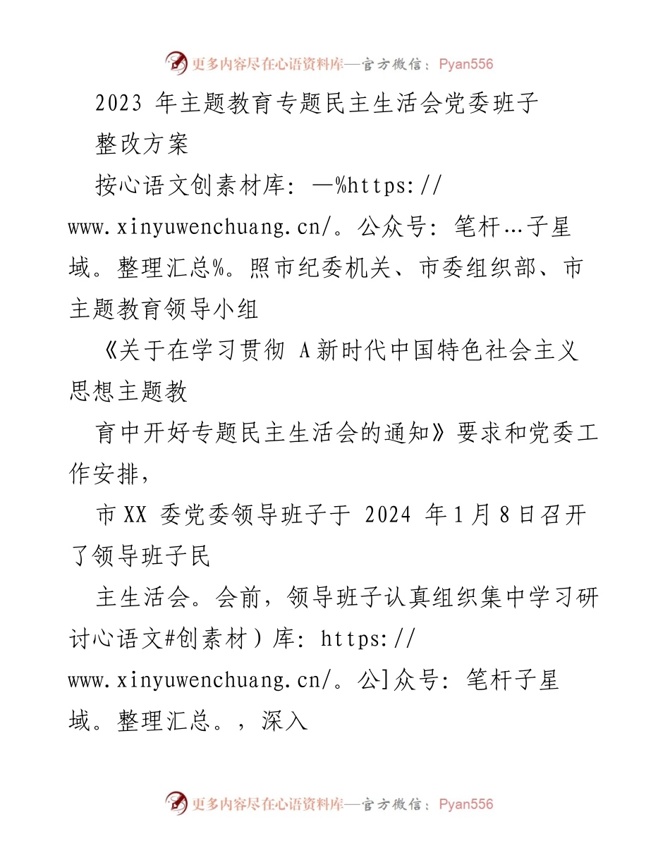 [整改方案] 主题教育专题民主生活会 - 市XX党委班子整改方案.docx_第1页