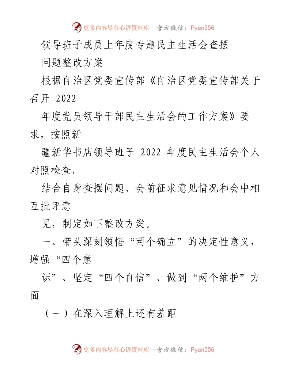 [整改方案] 领导班子民主生活会 - 2022年度民主生活会问题整改方案.docx_第1页