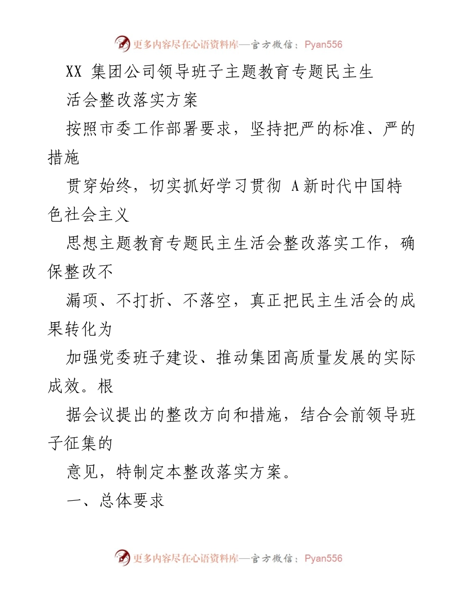 [整改落实方案] 主题教育专题民主生活会 - 强化班子建设，推动高质量发展.docx_第1页