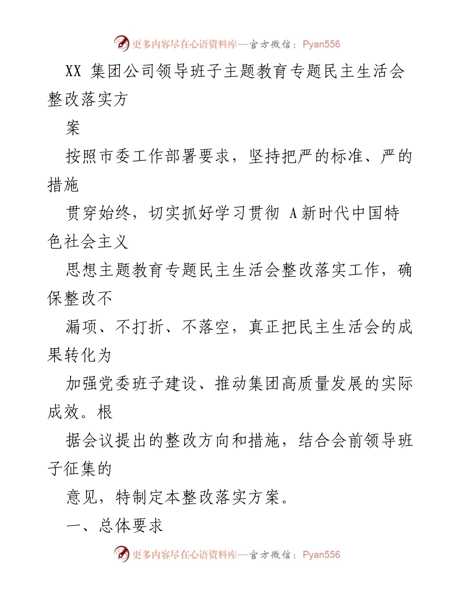 [整改落实方案] 主题教育专题民主生活会 - XX集团公司领导班子整改落实方案.docx_第1页