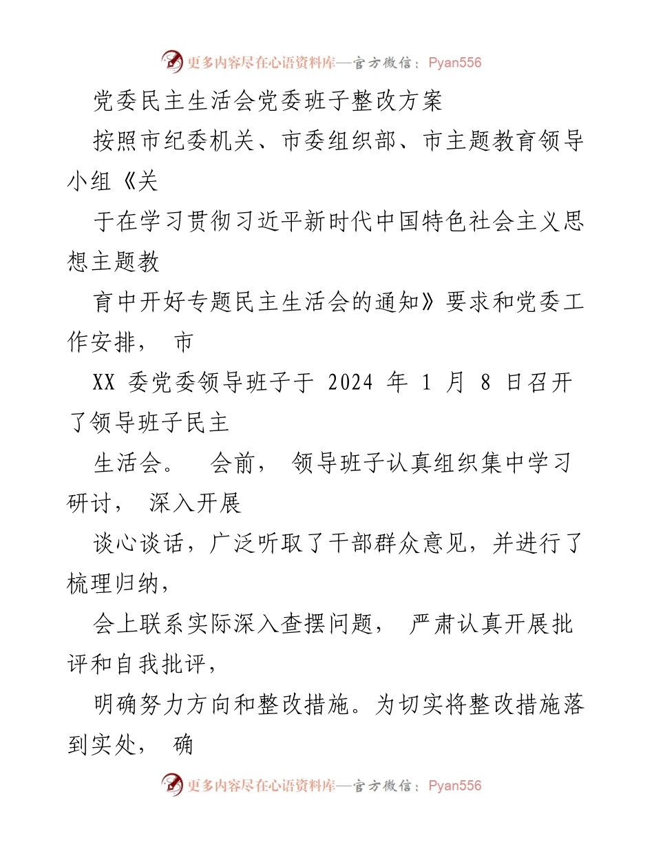 [整改方案] 党委民主生活会 - 党委班子整改方案实施计划.docx_第1页