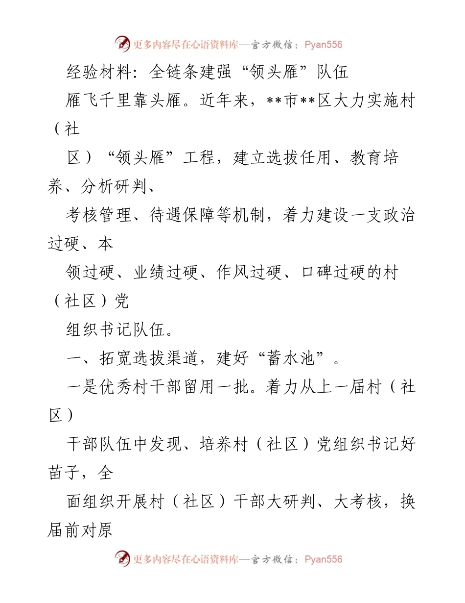 [经验材料] 村（社区）党组织书记队伍建设 - 全链条打造“领头雁”工程.docx_第1页