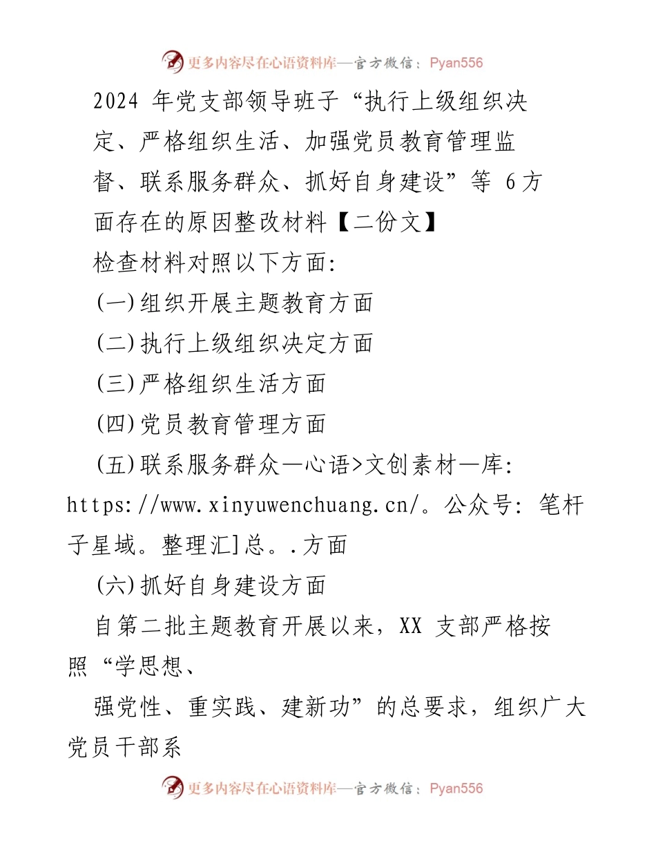 [整改材料] 党支部工作总结 - 2024年党支部整改情况汇报及存在问题分析.docx_第1页