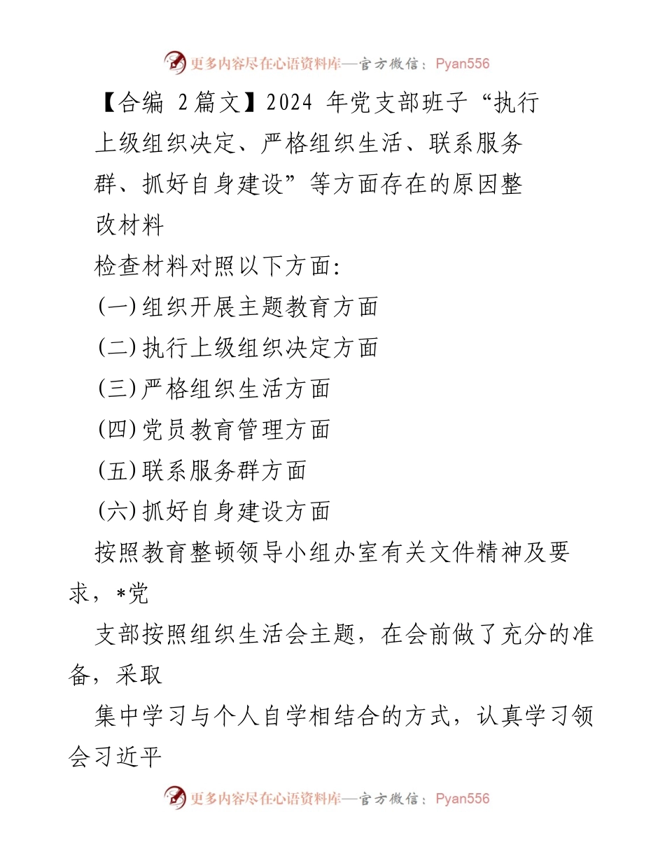 [整改材料] 党支部组织生活会 - 2024年党支部班子整改情况报告_2.docx_第1页