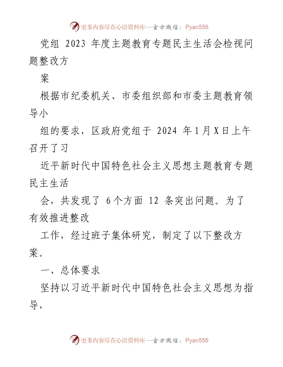 [整改方案] 党组民主生活会 - 2023年度主题教育问题整改方案.docx_第1页