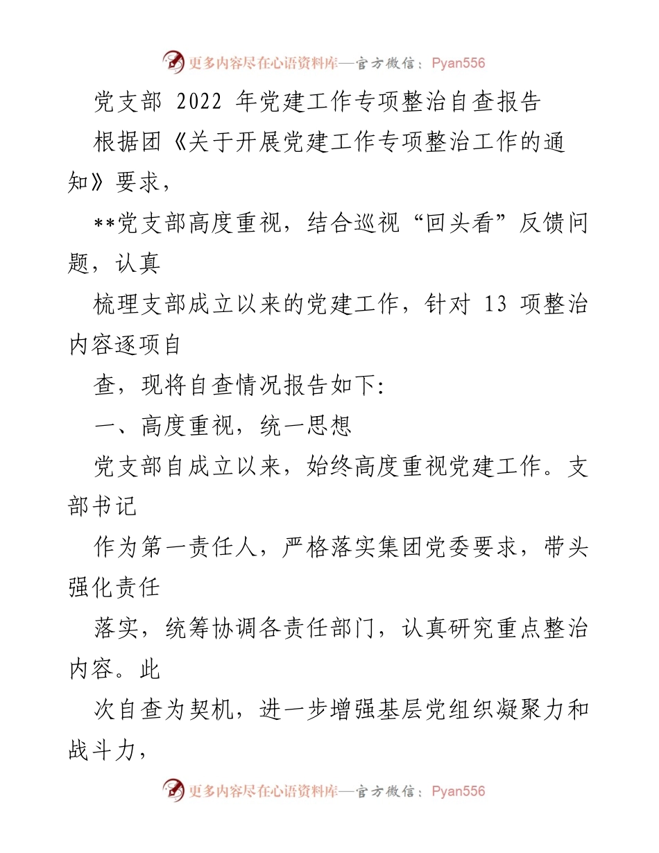 [自查报告] 党建工作 - 2022年党建工作专项整治自查报告.docx_第1页