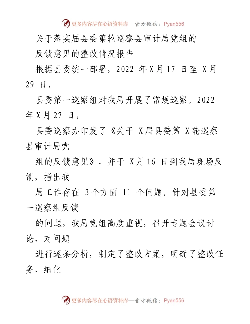 [整改报告] 巡察反馈 - 关于县审计局党组整改情况的报告.docx_第1页