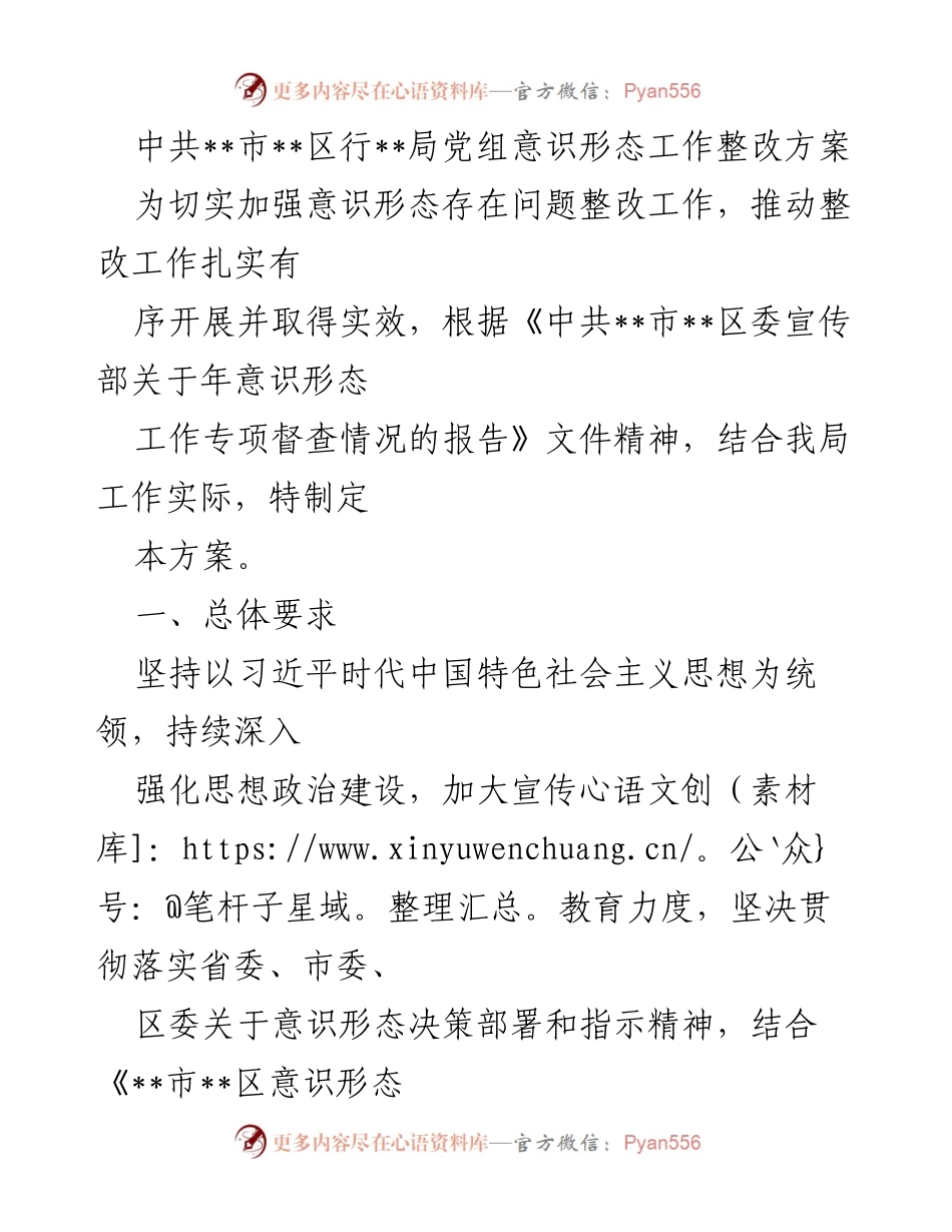 [整改方案] 党组会议 - 中共__市__区行__局党组意识形态工作整改方案.docx_第1页