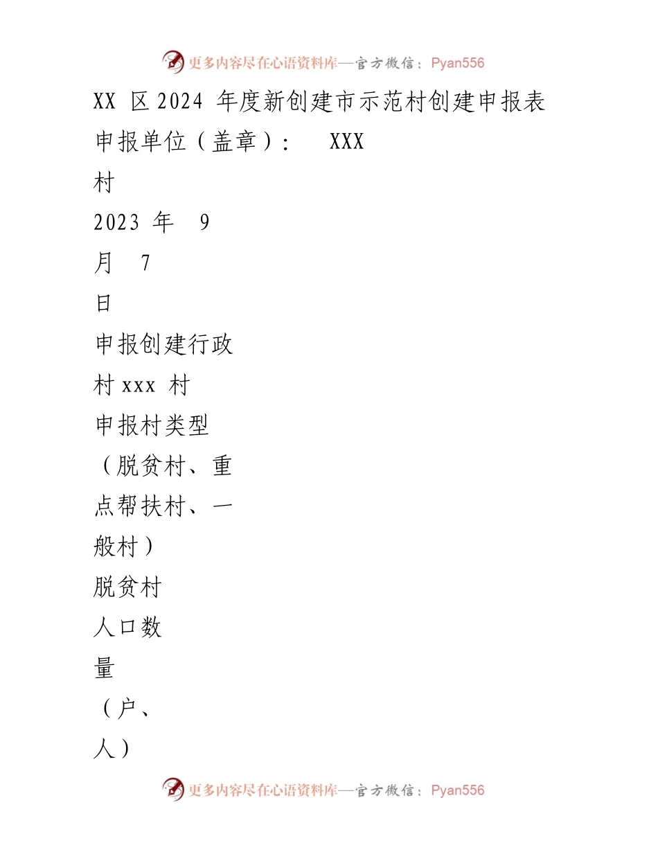 [申报表] 创建市级示范村 - 冯家峁村2024年度市级示范村创建申报材料.docx_第1页