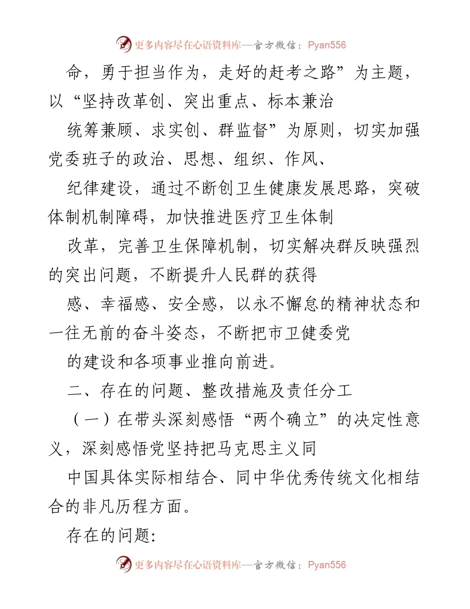 [整改方案] 党史学习教育专题民主生活会 - 加强政治思想建设，推动卫生健康事业发展.docx_第2页