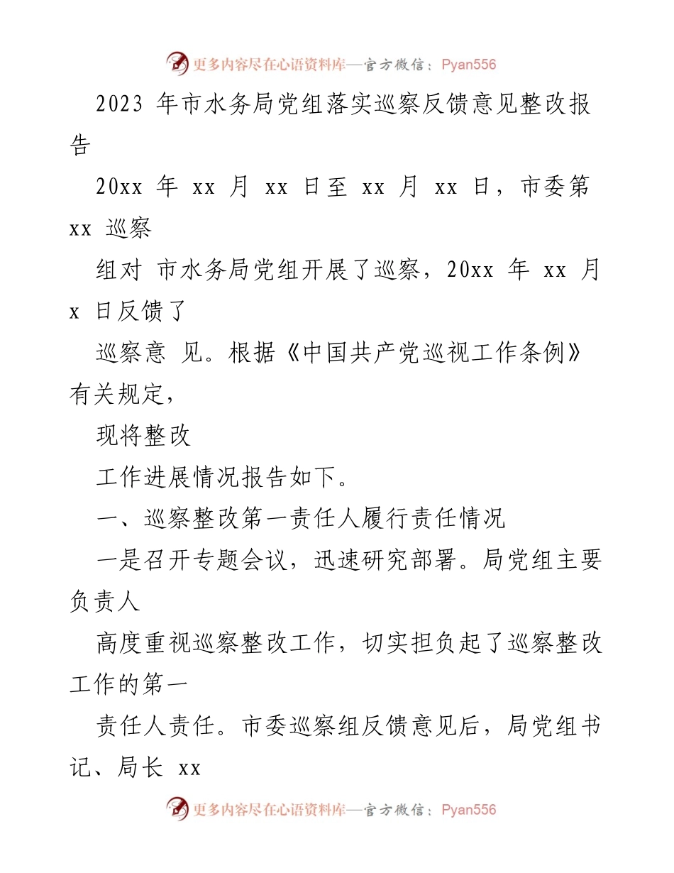 [整改报告] 水务局巡察反馈 - 市水务局党组巡察整改工作进展报告.docx_第1页