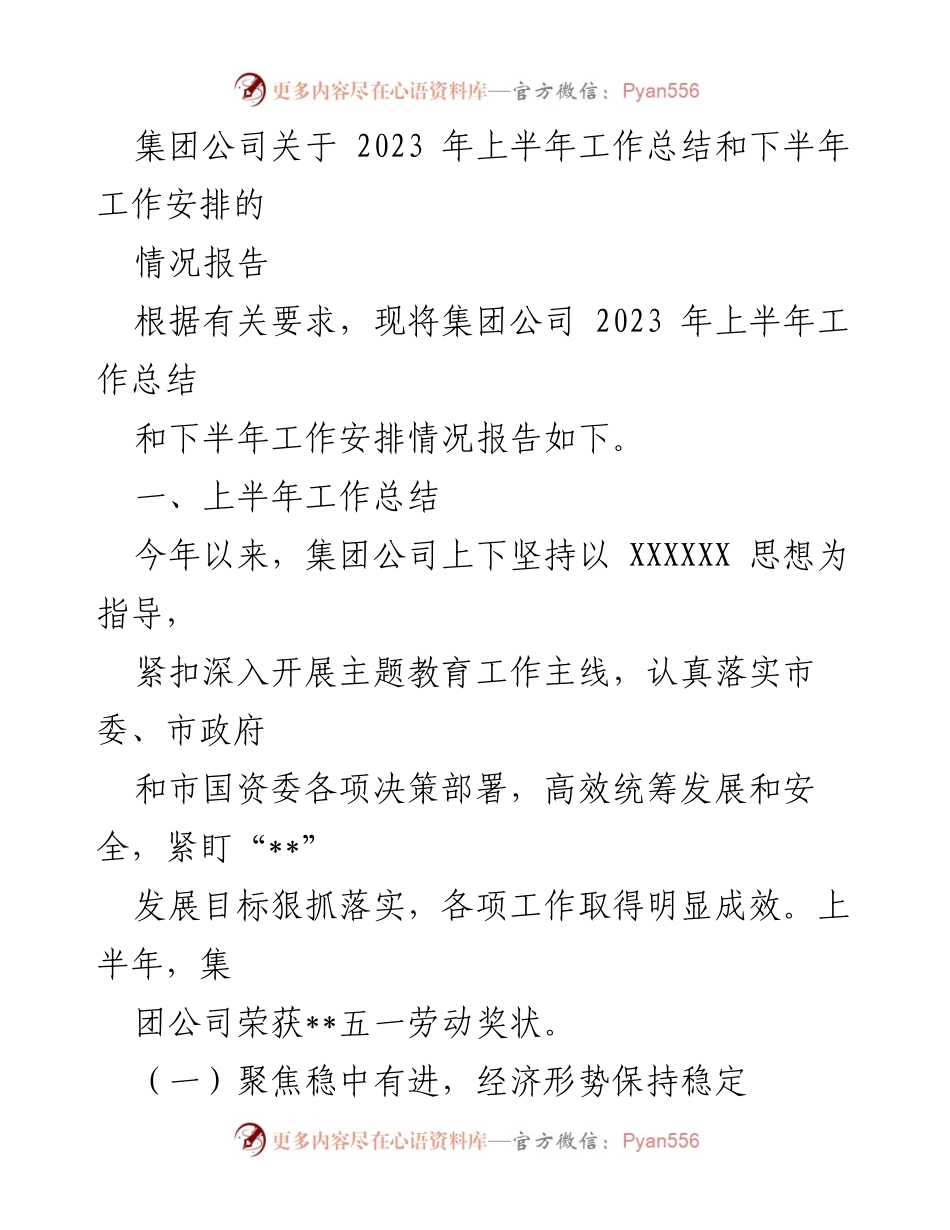 [情况报告] 集团公司 - 2023年上半年工作总结与下半年工作安排报告.docx_第1页