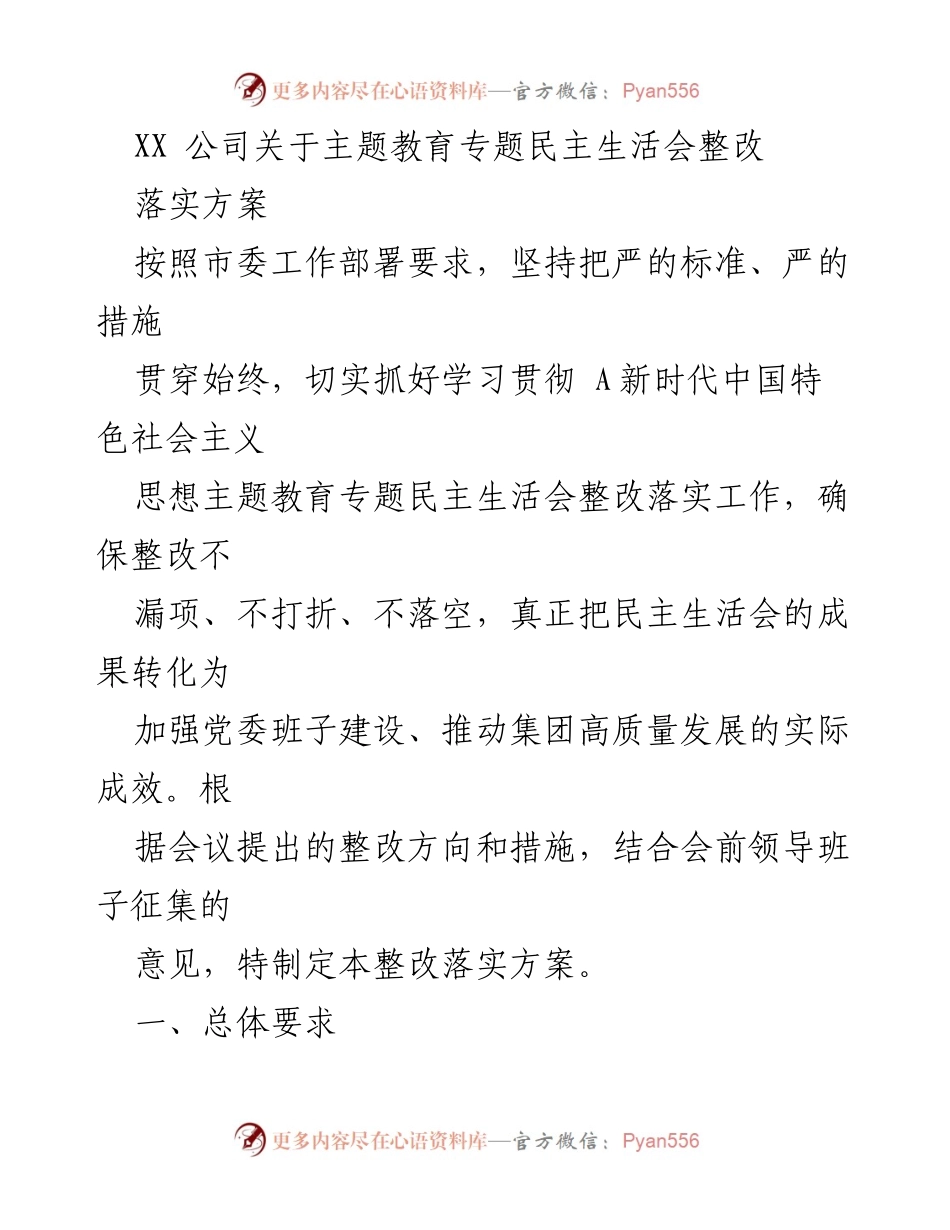 [整改落实方案] 主题教育专题民主生活会 - XX公司整改落实方案实施细则.docx_第1页