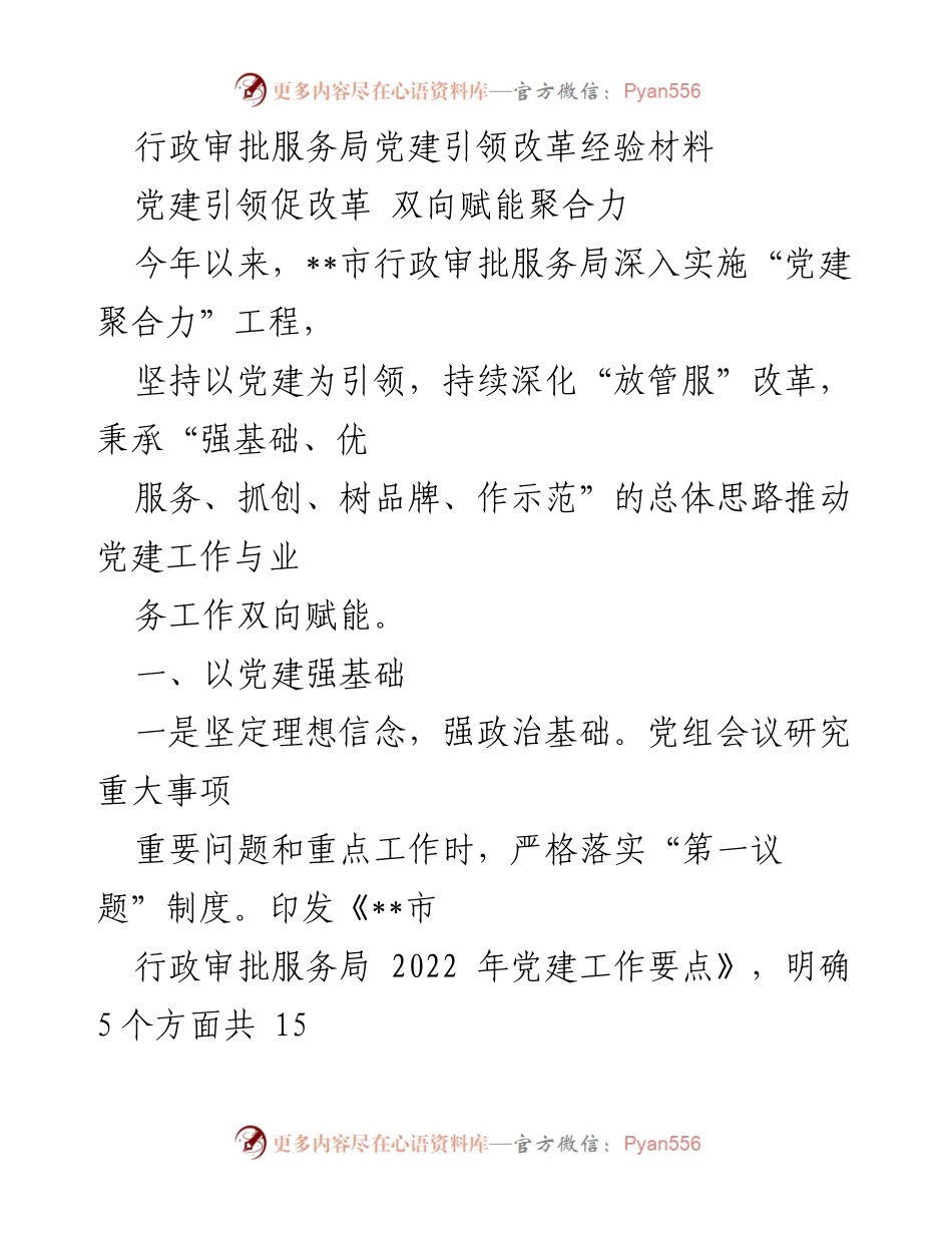 [经验材料] 行政审批服务局 - 党建引领改革的实践与成效.docx_第1页
