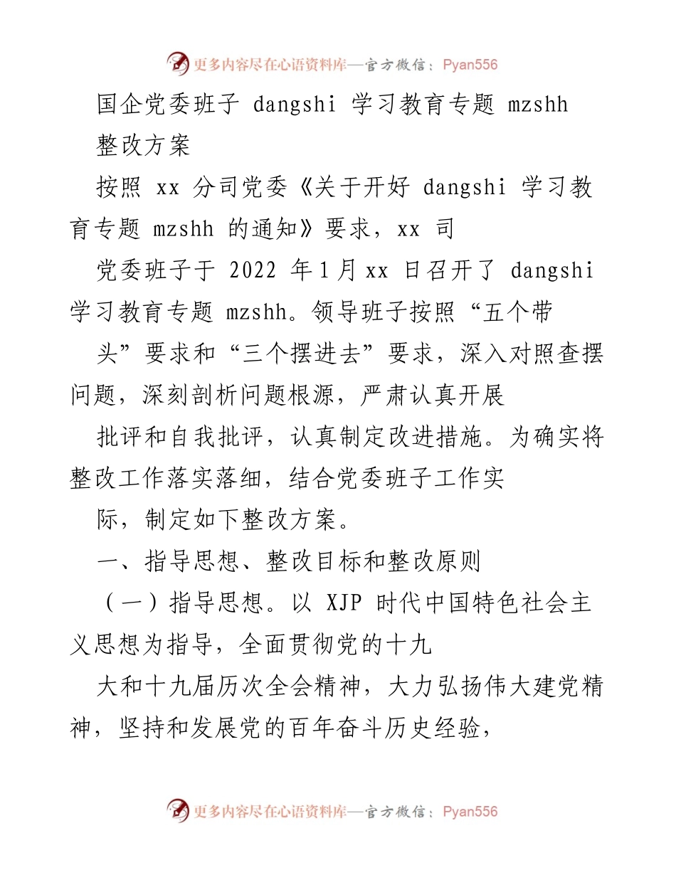 [整改方案] 国企党委班子 - 深入推进党的学习教育整改方案.docx_第1页