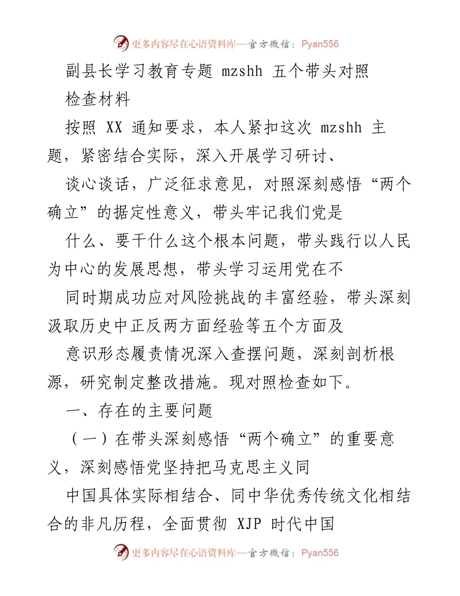 [检查材料] 学习教育专题 - 副县长对照检查材料及整改措施分析.docx_第1页
