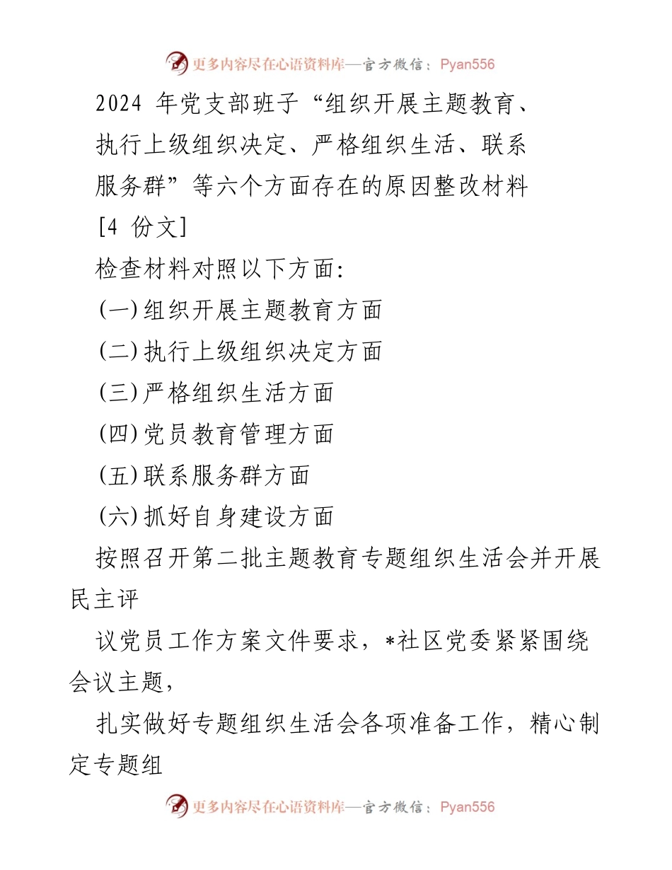[整改材料] 党支部专题组织生活会 - 2024年党支部班子整改情况汇报.docx_第1页