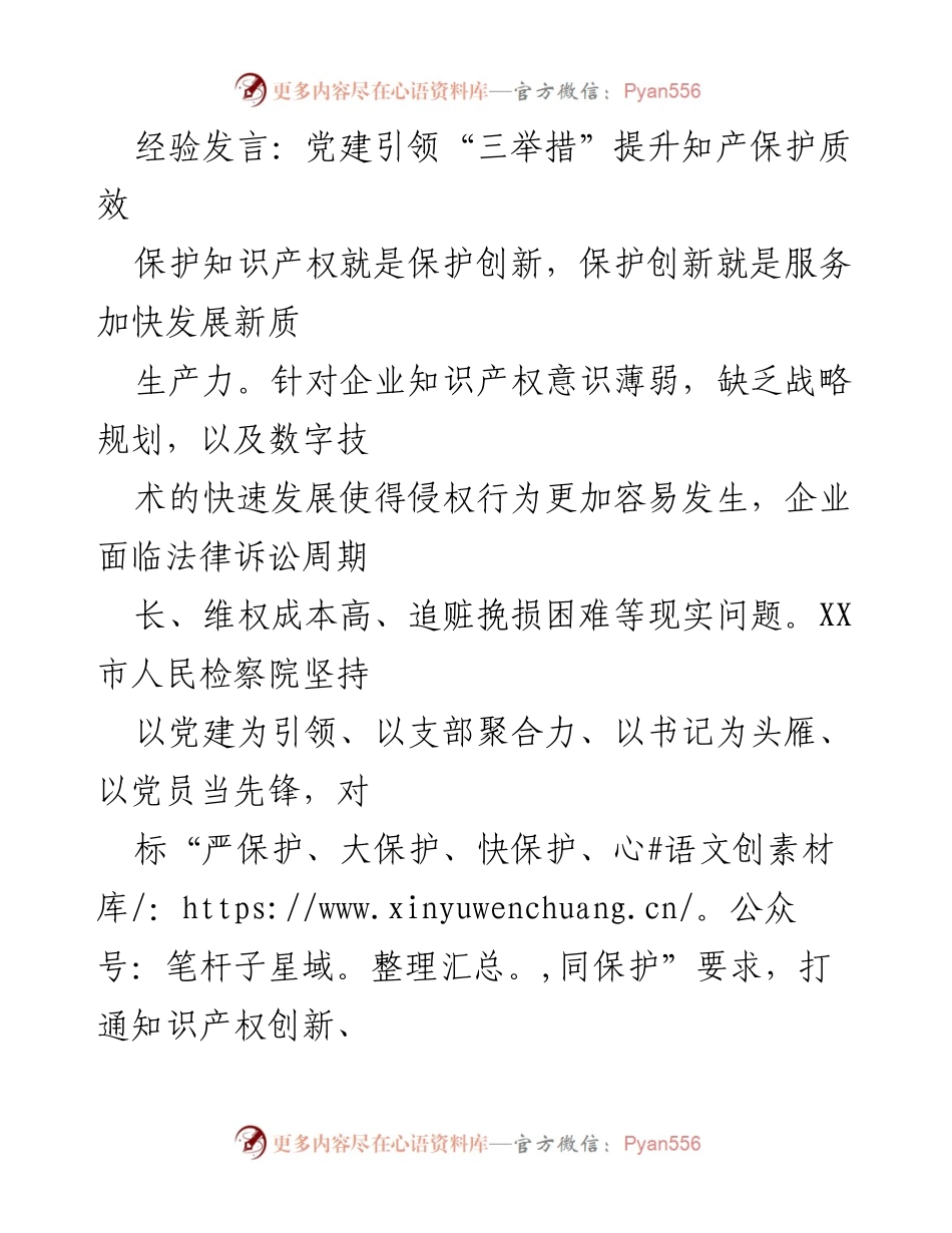 [经验发言] 知识产权保护会议 - 党建引领提升知识产权保护质效的三项举措.docx_第1页