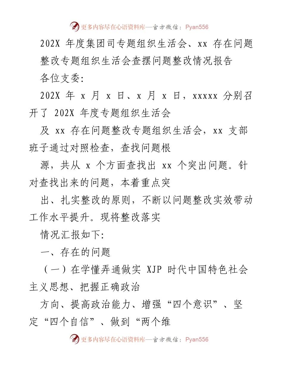 [整改报告] 组织生活会 - 202X年度专题组织生活会整改情况汇报.docx_第1页
