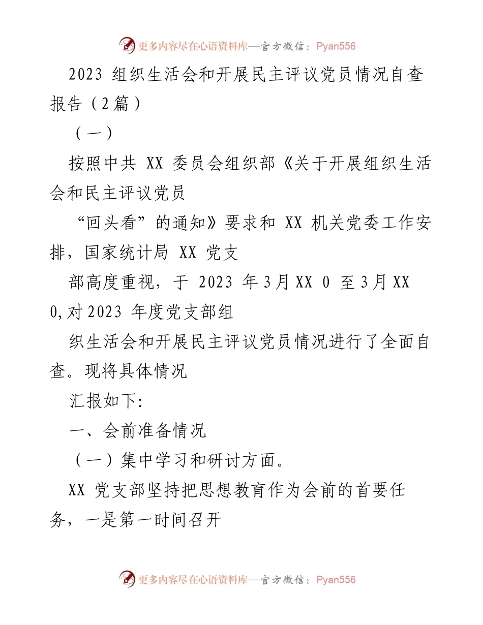 [自查报告] 党支部组织生活会 - 2023年度党支部组织生活会及民主评议党员自查情况报告.docx_第1页