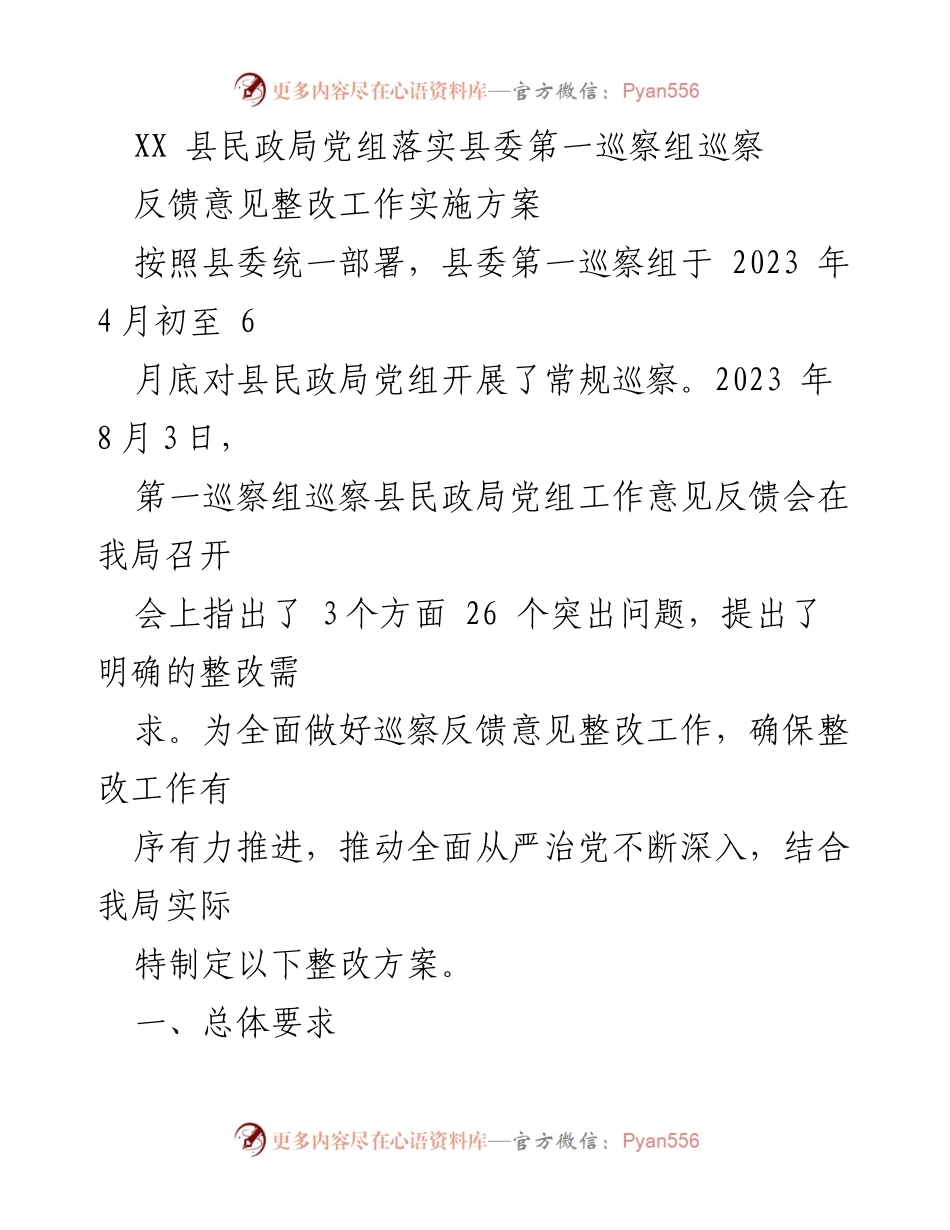 [整改方案] 巡察反馈会 - XX县民政局党组巡察反馈意见整改工作实施方案.docx_第1页