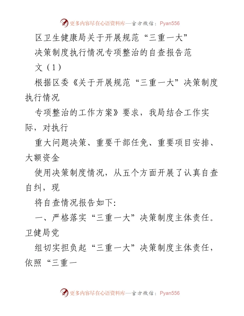 [自查报告] 卫生健康局 - 关于“三重一大”决策制度执行情况的自查报告_2.docx_第1页