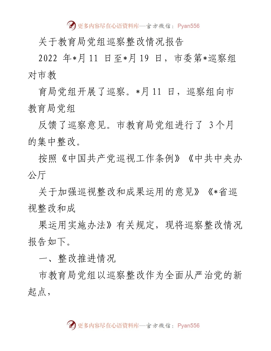 [整改报告] 教育局党组巡察整改 - 市教育局党组巡察整改情况报告.docx_第1页