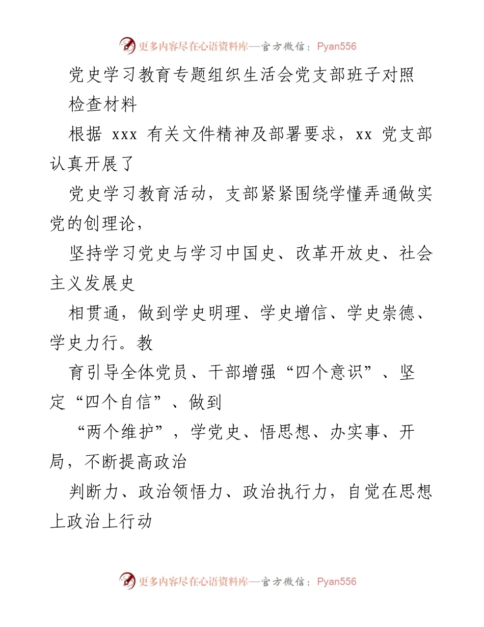 [检查材料] 党史学习教育专题组织生活会 - 党支部班子对照检查材料总结.docx_第1页