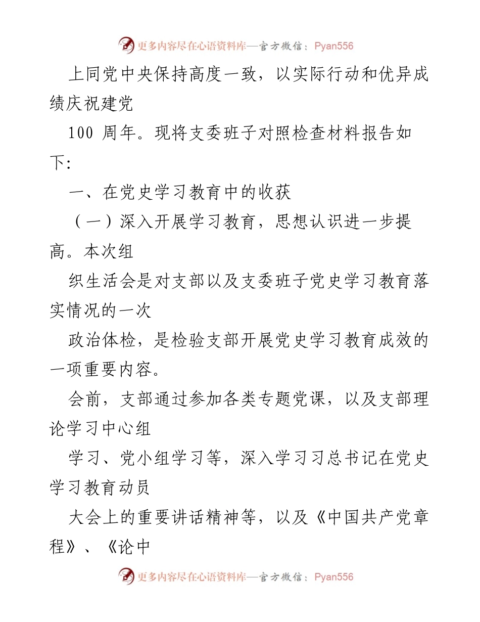 [检查材料] 党史学习教育专题组织生活会 - 党支部班子对照检查材料总结.docx_第2页