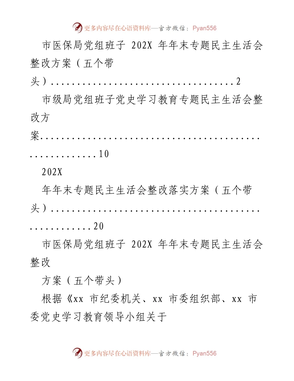 [整改方案] 年末专题民主生活会 - 市医保局党组班子整改方案及责任分工.docx_第1页